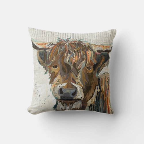 Colorful Collage Highland Cow Throw Pillow