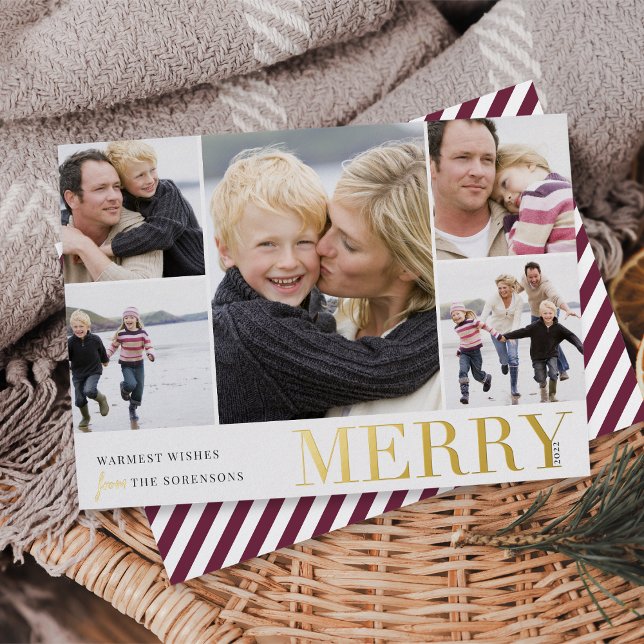 Colorful Collage | Merry & Bright 5 Photo Foil Holiday Card (Creator Uploaded)