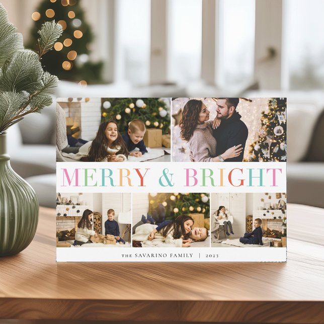Colorful Collage | Merry & Bright 5 Photo Holiday Card (Creator Uploaded)