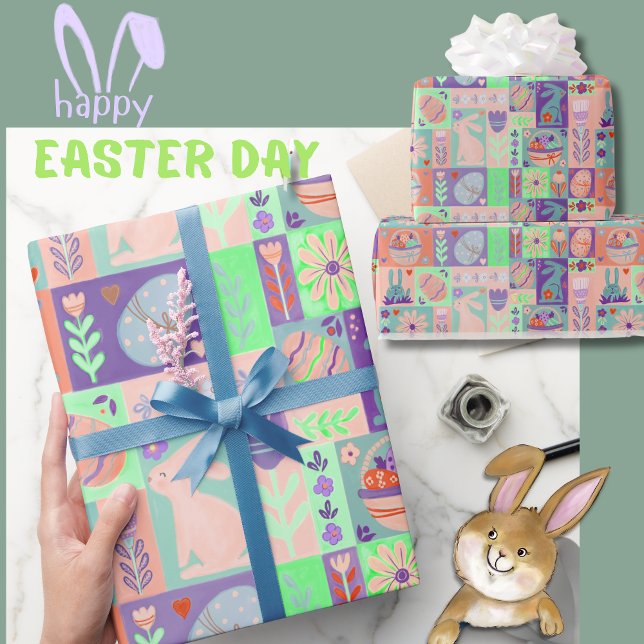 Colorful Collage Pink Green Purple Easter  Wrapping Paper (Colorful Collage Pink Green Purple Easter Wrapping Paper)