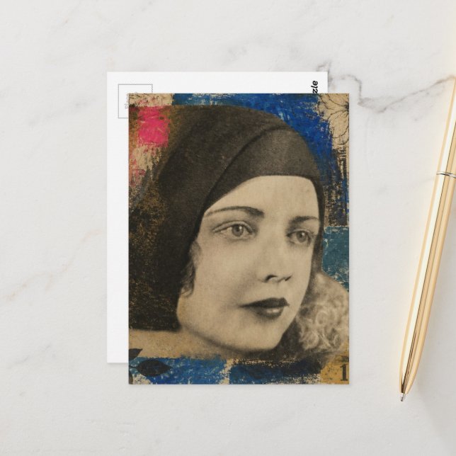 colorful collage with face from 1930s postcard (Front/Back In Situ)