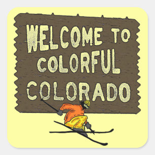 Colorful Colorado welcome sign skier stickers