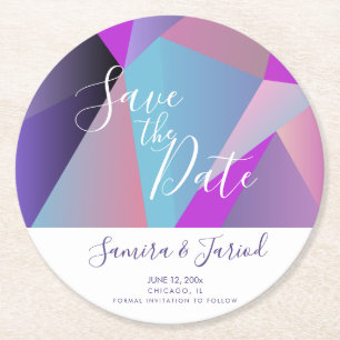 Colorful Colorblock Purple Save the Date Round Paper Coaster