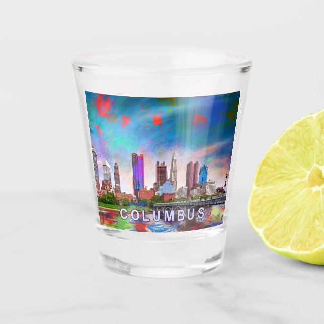 Colorful Columbus Skyline Abstract Art Shot Glass (Front)