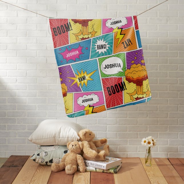 Colorful Comic Book Personalized Name Pop Art Baby Blanket (In Situ)
