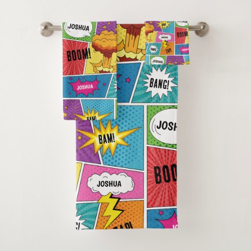 Colorful Comic Book Personalized Name Pop Art Bath Towel Set