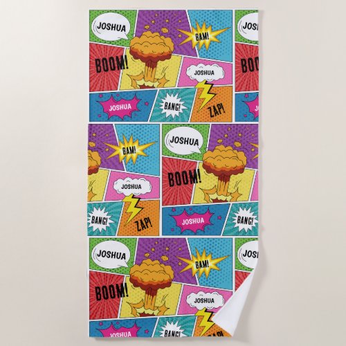 Colorful Comic Book Personalized Name Pop Art Beach Towel