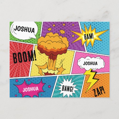 Colorful Comic Book Personalized Name Pop Art Holiday Postcard