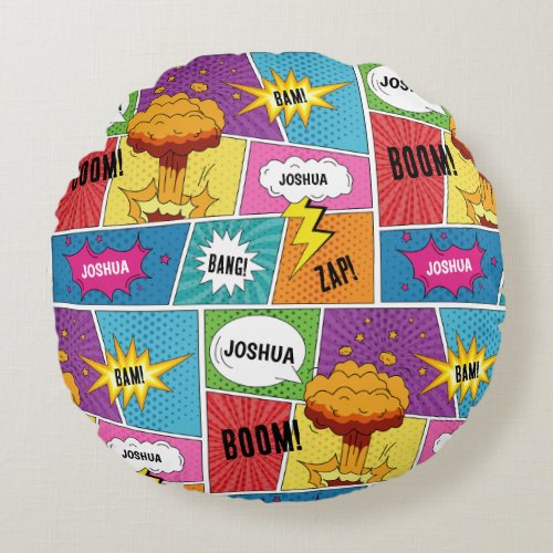 Colorful Comic Book Personalized Name Pop Art Round Pillow