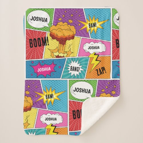 Colorful Comic Book Personalized Name Pop Art Sherpa Blanket