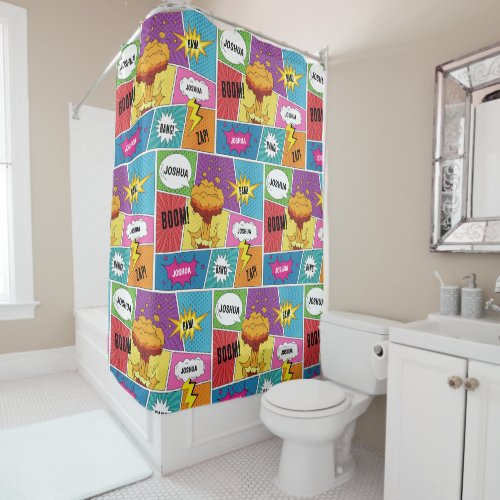 Colorful Comic Book Personalized Name Pop Art Shower Curtain