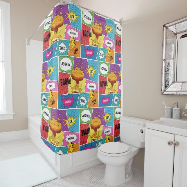 Colorful Comic Book Personalized Name Pop Art Shower Curtain (In Situ)
