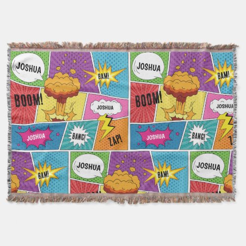 Colorful Comic Book Personalized Name Pop Art Throw Blanket