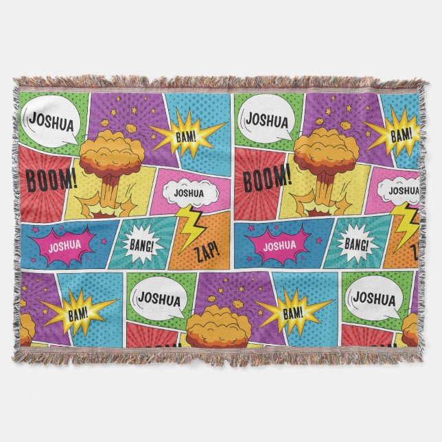 Colorful Comic Book Personalized Name Pop Art Throw Blanket (Front)