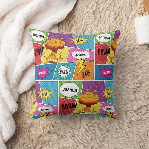 Colorful Comic Book Personalized Name Pop Art Throw Pillow