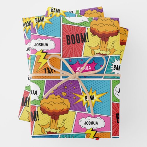 Colorful Comic Book Personalized Name Pop Art Wrapping Paper Sheets