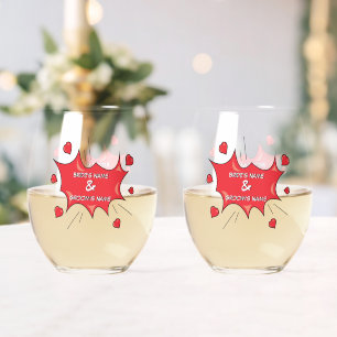 Colorful Comic Book Pop Art Wedding Favor Hearts Stemless Wine Glass