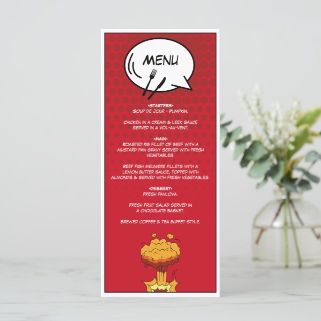 Colorful Comic Book Pop Art Wedding Menu (Standing Front)
