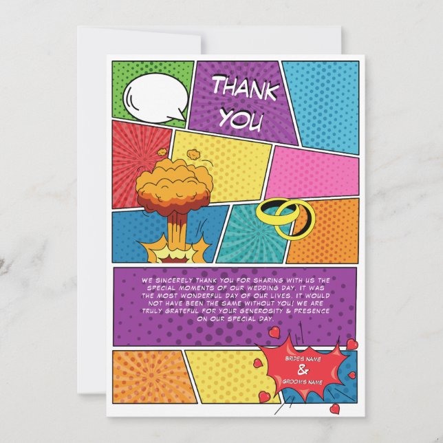 Colorful Comic Book Pop Art Wedding  Thank You Card (Front)