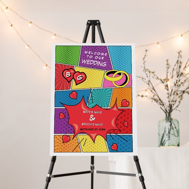 Colorful Comic Book Pop Art Wedding Welcome Foam Board (In Situ (Stand))