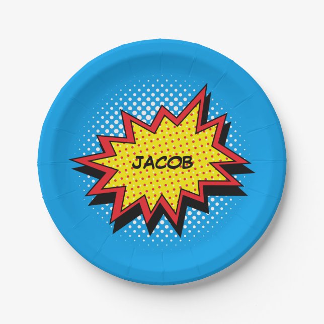 Colorful Comic Book Style Custom Name Paper Plates (Front)