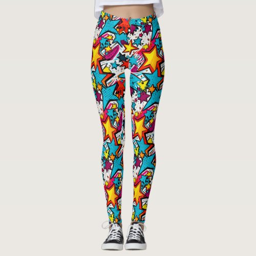 Colorful Comic Book Style Stars Patterned Yoga Leggings