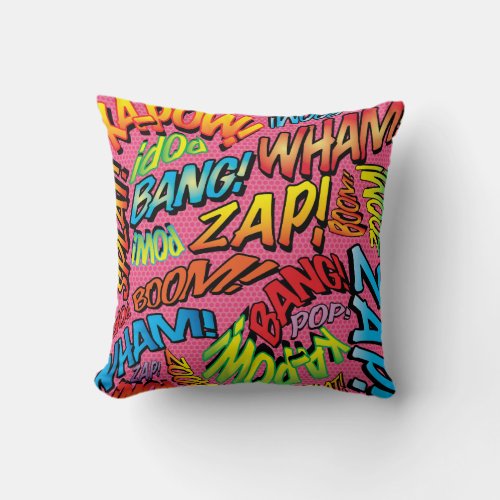 Colorful Comic Book Typography Trendy Cool Pink Throw Pillow