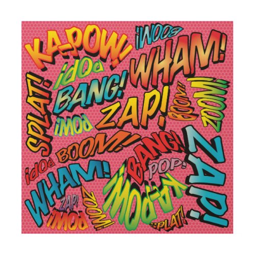 Colorful Comic Book Typography Trendy Pink Wood Wall Art