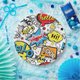 Colorful Comic Pop Art Speech Bubble Pattern Paper Plates