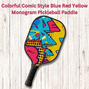 Colorful Comic Style Blue Red Yellow Monogram Pickleball Paddle