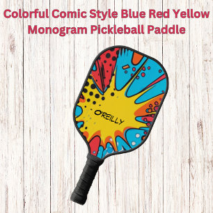 Colorful Comic Style Blue Red Yellow Monogram  Pickleball Paddle