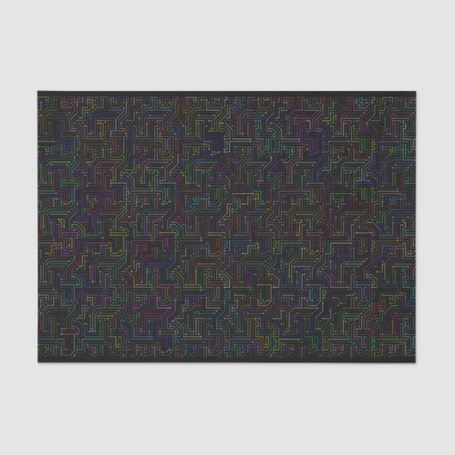 Colorful Computer Circuits Pattern on Black Tissue Paper (Front)