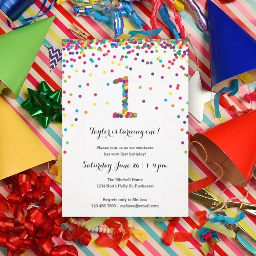 Colorful Confetti 1st Birthday Party Invitations