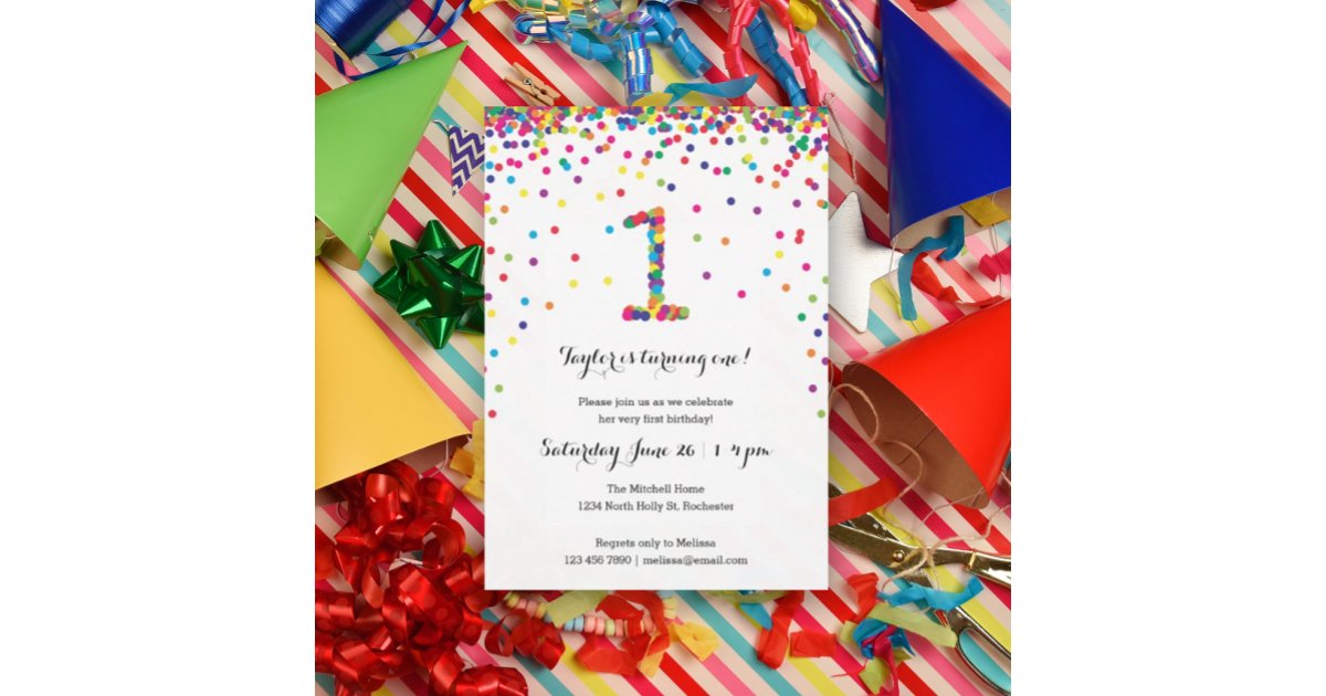 Colorful Confetti 1st Birthday Party Invitations | Zazzle