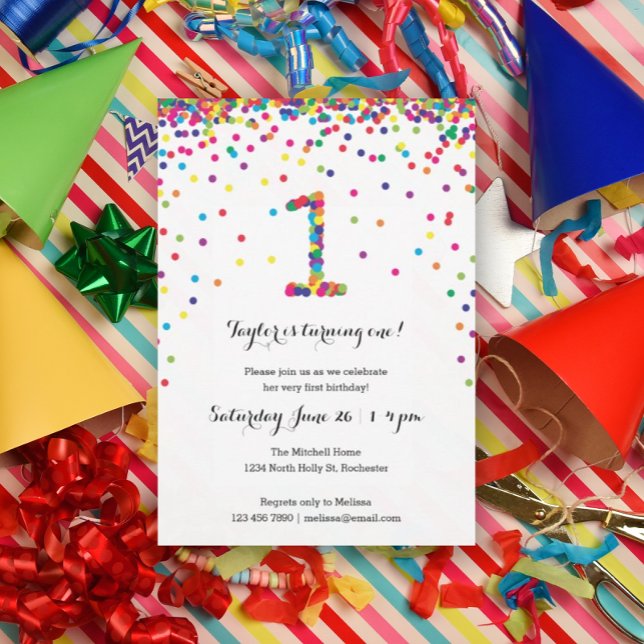 Colorful Confetti 1st Birthday Party Invitations (Rainbow confetti for your kiddo's first birthday party!)