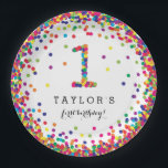 Colorful Confetti 1st Birthday Party Plates<br><div class="desc">Custom printed plates: a cute idea for baby's first birthday party! Featuring baby's name and a "1" in confetti,  with fun colorful rainbow confetti circles sprinkled all around the edge of the plate.</div>