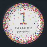 Colorful Confetti 1st Birthday Party Plates<br><div class="desc">Custom printed plates: a cute idea for baby's first birthday party! Featuring baby's name and a "1" in confetti,  with fun colorful rainbow confetti circles sprinkled all around the edge of the plate.</div>