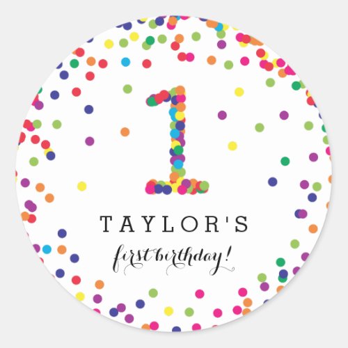 Colorful Confetti 1st Birthday Party Stickers