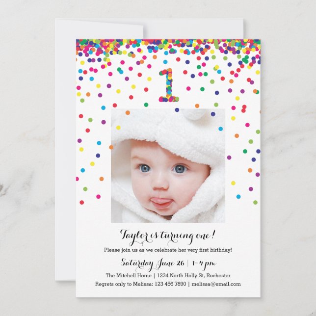 Colorful Confetti 1st Birthday Photo Invitations (Front)
