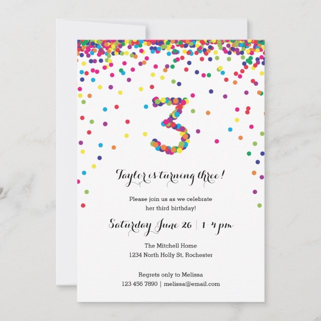 Colorful Confetti 3rd Birthday Party Invitations (Front)