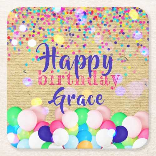 Colorful Confetti And Balloons Happy Birthday  Square Paper Coaster