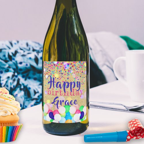 Colorful Confetti And Balloons Happy Birthday  Wine Label