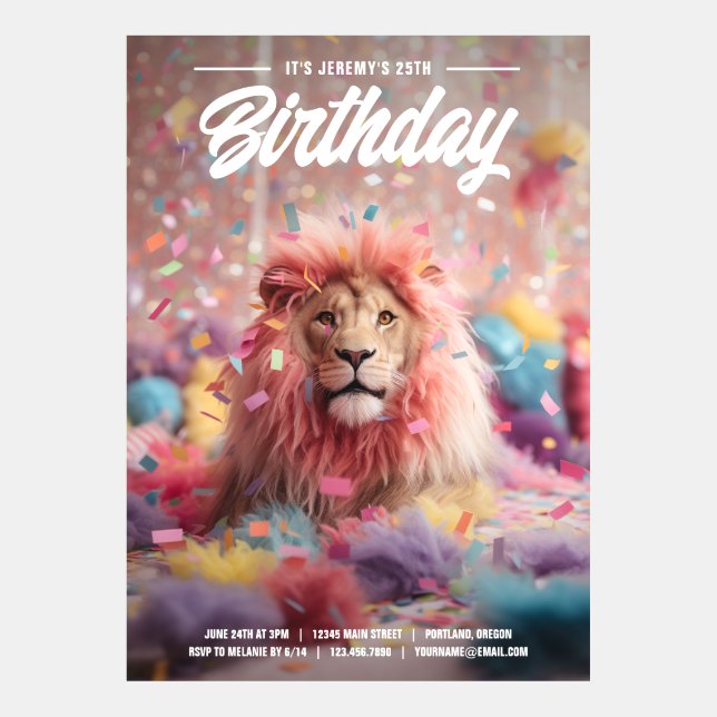Colorful Confetti and Lion Birthday Invitation (Front)