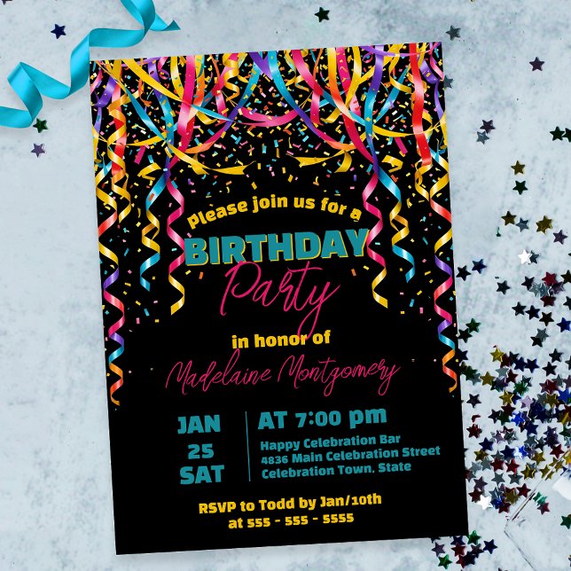Colorful Confetti and Streamers Birthday Party Invitation (Creator Uploaded)