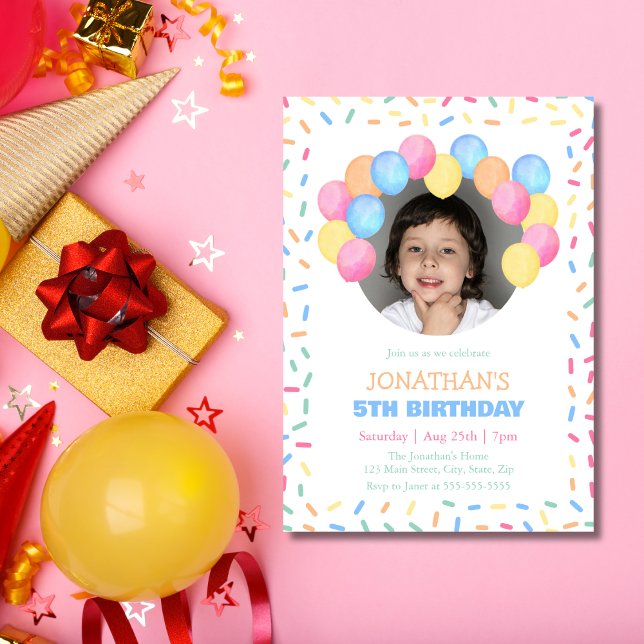 Colorful Confetti Balloon Arch Photo Birthday Invitation (Creator Uploaded)