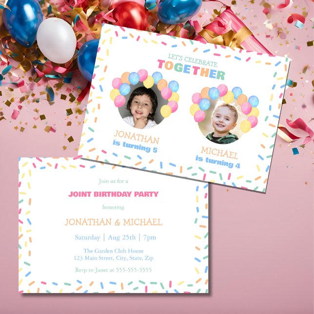 Colorful Confetti Balloon Photo Dual Birthday Invitation (Creator Uploaded)