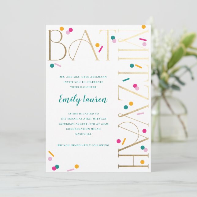 Colorful Confetti Bat Mitzvah Invitation (Standing Front)