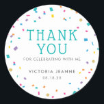 Colorful Confetti Birthday Celebration Thank You Classic Round Sticker<br><div class="desc">This Colorful Confetti Sticker features confetti in bright colors of teal,  purple,  yellow,  blue and pink with faux gold glitter. You can use these stickers on your party favors. For inquiries about custom design changes by the independent designer please email paula@labellarue.com BEFORE you customize or place an order.</div>