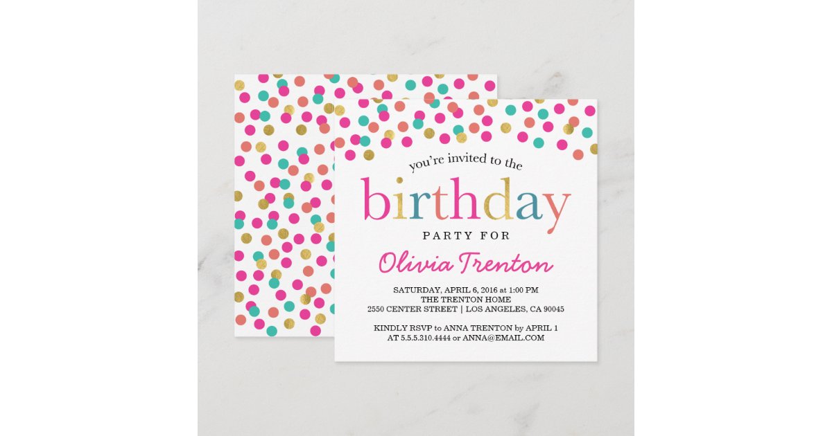 Colorful Confetti Birthday Party Invitations | Zazzle