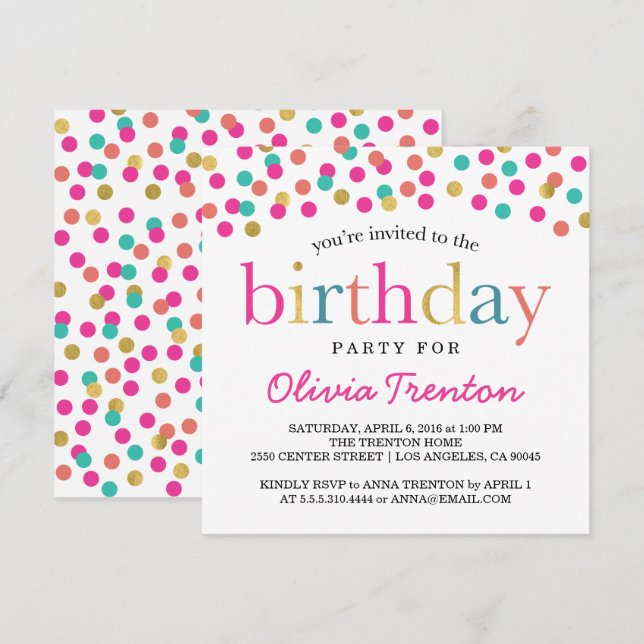 Colorful Confetti Birthday Party Invitations (Front/Back)